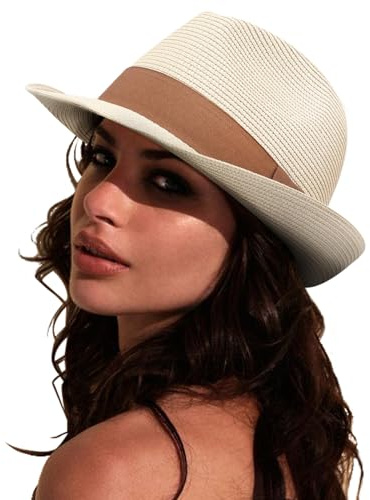 DRESHOW Damen Panama Hut Breiter Krempe Stroh Sommer Fedora Strohhut Panama Aufrollen Hut Strand Rollbar UV Sonnenhut UPF 50 +
