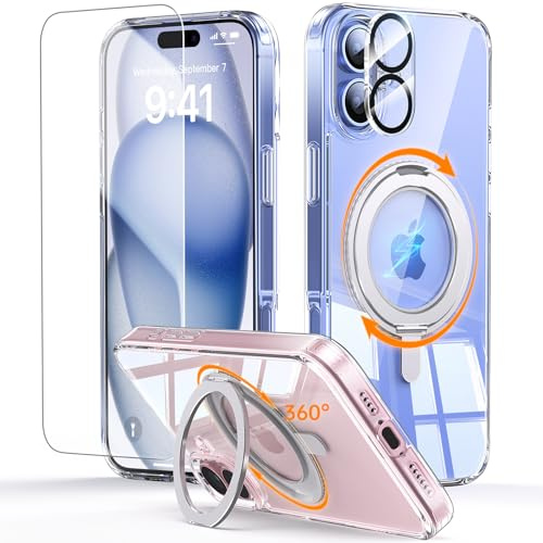 JUESHITUO 360° Magic Stand für iPhone 16 Hülle [Militärschutz] [Unsichtbarer Ständer] Matt Stoßfeste Kratzfeste Schutzhülle Dünne Case Handyhülle für MagSafe Durchsichtig