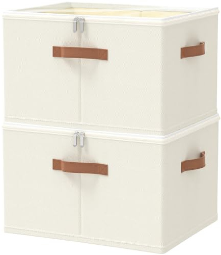 OUTBROS 2 Stück Faltbare aufbewahrungsbox mit Deckel 50x40x30cm, Beige | Stoffboxen aufbewahrung mit Griff, Kleiderschrank Organizer, Unterbettkommode für Kleidung, Decken, Bettdecken
