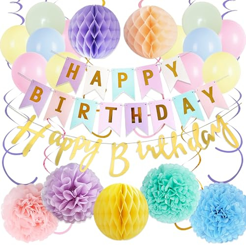 Geburtstag Deko Girlande Ballons Set, Pastell Dekoration Papier Pompons | Papier Geburtstagsdekorationen, geeignet für Mädchen- und Damengeburtstage, für den Innen- und Außenbereich