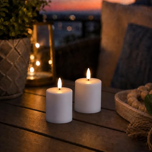 MARELIDA LED Mini Kerzen Grabkerzne Mini Stumpenkerzen für Innen/Außen für Windlichter Laternen H: 10cm D: 6,1cm mit Timer Sensor outdoor Leuchtdauer bis 1200Stunden (weiß - 2 Stück)