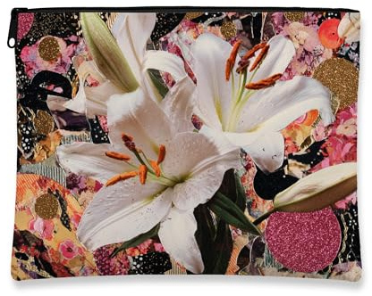Trousse de maquillage florale avec lys blancs, élégante pochette de voyage artistique pour femme, organiseur portable en tissu à fermeture éclair, cadeau pour les produits de toilette essentiels de