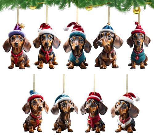 Qiblaou Weihnachtsdeko 9 Stück Weihnachtsbaumschmuck 2D Acryl-WüRstchenhund Dackel Geschenke Geeignet für Weihnachtsbaumdekoration Christbaumschmuck Haus-und Autodekoration