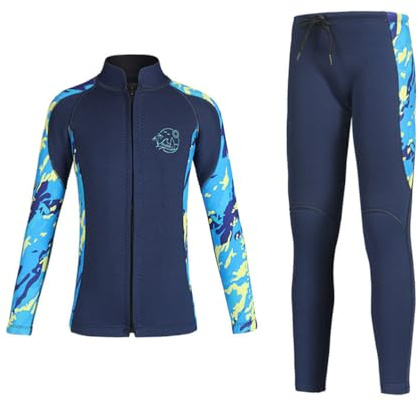 Muta Termica in Neoprene per Bambina Bambini, Muta da Sub 2 Pezzi Top Muta in Neoprene 2.5mm a Maniche Lunghe con Zip Frontale e Pantaloni da Immersione per Immersioni Surf Snorkeling Nuoto S