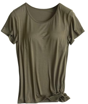 Generisch 2026 - Camiseta con sujetador integrado para mujer, tops activos acolchados, manga corta, blusas, camisas casuales suaves para entrenamiento, yoga, Verde militar., XL