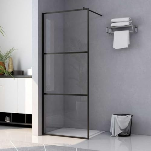 QUAHEAS Duschwand ESG-Klarglas Schwarz 115x195 cm für begehbare Dusche mit Aluminiumrahmen, verstellbare Stützstange, spritzfeste Trennwand, pflegeleichte Walk In Seitenwand, barrierefreie Nische