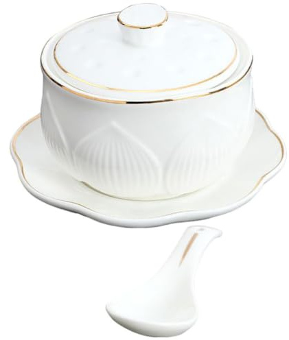 GRADENEVE Set 1 Ciotola per Stufato in Ceramica Bianca con Coperchio e Cucchiaio, Piccola Zuppiera Multifunzionale Elegante Facile da Pulire per Campeggio e Tavola