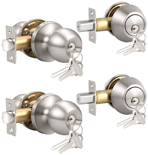 Knobonly 2 Pack Entry Door Knobs with Double Cylinder Deadbolt, Same Keys One Keyway Door Handlesets, Satin Nickel Finish-Keyed on Both Side