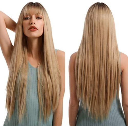 Lange Ombre Blond Perücken mit Knall für Frauen, Hitze beständige Glattes Haar Synthetische Perücken mit dunkler Wurzel für Alltag/Cosplay/Party (28 Zoll, Ombre Blond)
