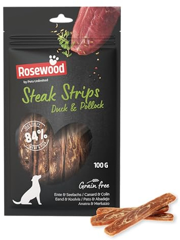Rosewood Steak Strips Canard et Colin – Friandise Tendre pour Chien, Riche en Viande et Poisson, Faible en Graisses, sans céréales, sans additifs artificiels, 100 g