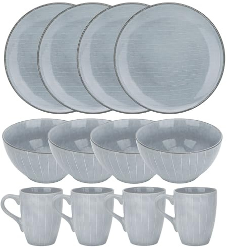 Intirilife 12-piece crockery set ceramic grey- dinner service 4 dinner plates 27 cm each, cereal bowls 850 ml, coffee cups 270 ml -dinner service for 4 persons- combination service for breakfast lunch