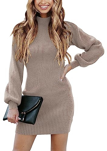 ANRABESS Women Long Sleeve Turtle Mock Neck Rib Knit Stretch Slim Fitted Bodycon Sweater Mini Short Dress 2025 Fall Outfits Red Apricot Small