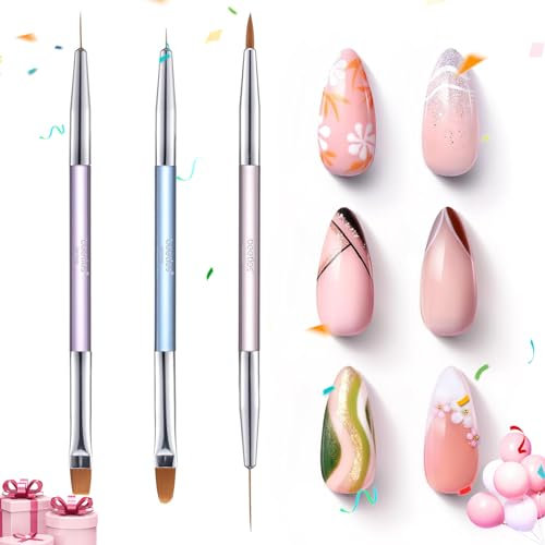 Beetles 3 pinceles para uñas profesionales, doble cabezal 2 en 1 pincel delineador para uñas, para diseño de esmalte en gel, herramientas pintura delineador para pintar pétalos manicura para mujeres