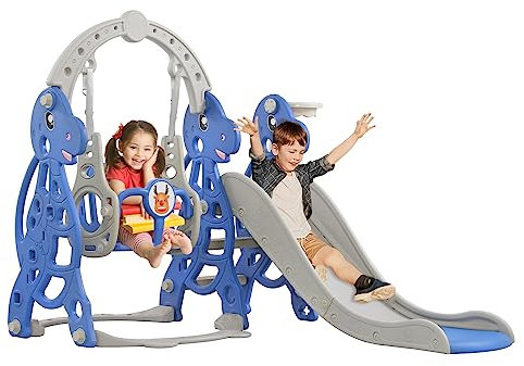 FIVMEN Rutsche Kinderrutsche 4-in-1 Set, Kinder Spielzeugrutsche Indoor Outdoor mit Basketballkorb & Schaukelstuhl, für Max 50KG ab 1-6 Jahre Kinder (Type B, Bogen)