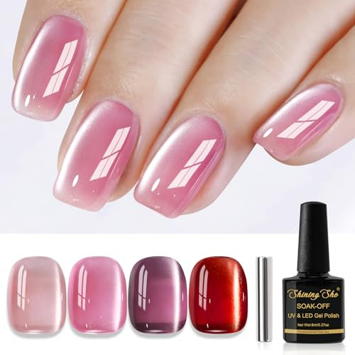 Shining She UV Nagellack Jelly Magnet Cat Eye, 4 Farben Klassischer Kristalle Magnet Cat Eye Rosa Lila Rot UV Gel Nagellack Soak-Off UV nagellack Set für Nagelkunst Maniküre Salon, 8ML
