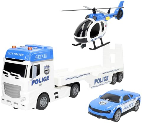 ColorBaby 39050 Speed & Go Camión Porta vehículos policía, Incluye Coche y helicóptero, con Luces y Sonidos, Rampa Manual, Sistema de fricción, Escala 1:12, Coches para niños a Partir de 3 años