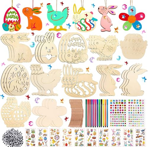 324 Stück Ostern Bastelset Kinder, Holzanhänger Ostern zum Bemalen, Ostern Anhänger Holz, Ostern Basteln Kinder, Ostern Holz Bemalen, mit Aquarellstift, Strass, Auge, Seil, Aufkleber