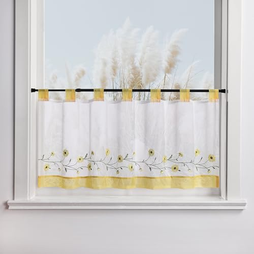 Yujiao Mao Rideau Cuisine Court Brise-Bise, 1 Panneau Voilage Semi-Transparent à Passants, Broderie Petites Marguerites, Petit Rideau Fenêtre, Jaune, LxH 120x45 cm