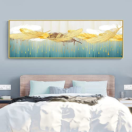 Handmålad oljemålning, gyllene fjäder guldfolie tofs lyxig abstrakt modern original handmålade oljemålningar på duk for familjevägg vardagsrum matsal heminredning konstdekor, 120x240cm(70x140cm(27.5x5