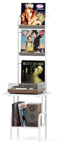 GOPLUS Support pour Tourne-disques à 5 Niveaux, Meuble Platine Vinyle 145cm pour Vinyles avec Jeux Anti-basculement, 3 Étagères en Tissu Oxford pour Disques Vinyles, 50x51x145cm (Blanc)