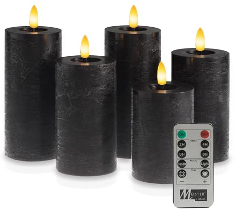 Meisterhome® LED-Kerzen 5er-Set Flammenlos Schwarz – Ø7 cm, Höhen 10/12,5/15 cm – Stumpenkerzen mit Fernbedienung & Timer – warmweißes Licht – flackernde Flamme – Rustik-Design – batteriebetrieben
