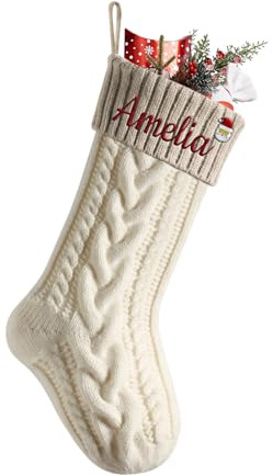 Weihnachtsstrumpf Personalisiert Name 46cm große gestrickte Christmas Stockings Nikolausstrumpf hängende Familie Weihnachtsstrümpfe für Party Weihnachten Deko (Elfenbein(Körper) / Leinen (Mund))