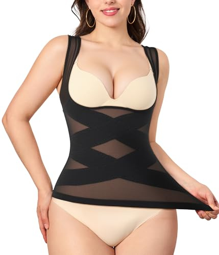 Nebility Shapewear Tank Tops For Women Open Bust Slimming Tummy Control Shaping Camisole Tops Waist Trainer Compression Cami Vest with Wide Straps (Black, L)
