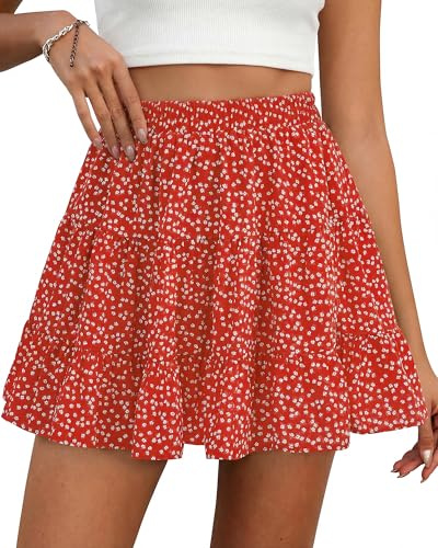 BTFBM Summer Skirts for Women 2026 Floral High Waist Shorts Underneath Boho Tiered Flowy Tennis Skorts Casual Mini Skirt(Floral Red White, Small)
