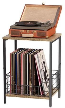 Mesa Auxiliar de 2 Niveles, Soporte for Tocadiscos con Almacenamiento, Estante for Discos,mesita de Noche Moderna, mesita de Noche de Madera, Mesa Auxiliar for Sala de Estar y Dormitorio