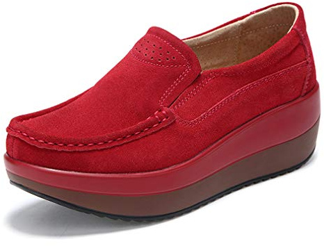 Solshine - Mocassini da donna in pelle scamosciata con zeppa e tacco a cuneo, leggeri, senza lacci, scarpe casual, sneakers, Rosso, 38 EU