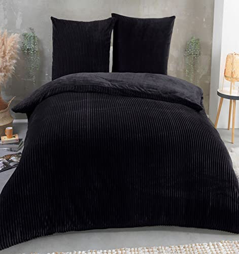 Kuscheli® Winter Wende Plüsch Bettwäsche 135 x 200 od. 155 x 220 mit 80x80 Kissenbezug Cashmere-Touch Coral Fleece Deckenbezug, Farbe:Schwarz, Größe:155x220 + 80x80