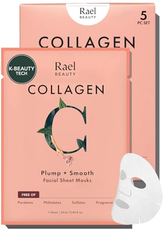Rael Collagen Face Mask - Korean Skincare for Glass Skin, Plumping & Smoothing, Hydrolyzed Collagen Serum, Amino Acid, Super Soft Bamboo Sheet, Free of Fragrance & PEGs, Cruelty Free (5 Sheets)