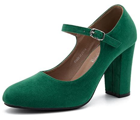 MAIERNISI JESSI Damen Mary Jane Pumps Geschlossene Runde Zehe Blockabsatz mit Knöchelriemenschnalle 3,54 Zoll High Heel, Wildleder grün, 40 EU