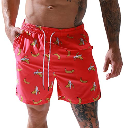 Machbaby Herren Beachwear Schwimmshorts Strandshorts Leichte Beachshorts Sommer schnelltrocknende Badeshorts Boardshorts mit Verstellbarem Tunnelzug(Banane-rot,L)