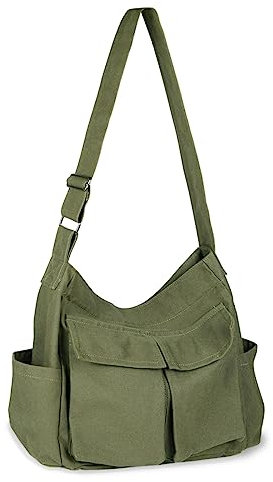 BROADREAM Canvas Shoulder Bag mit viel kapazität - Multifunktionale Messenger Bag Vintage für Frauen und Männer, Verstellbarem Riemen Hobotasche Crossbody Bag geeignet für Einkaufen Schule,Armee grün