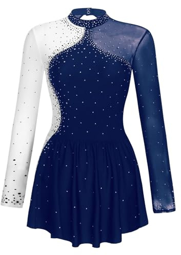 ranrann Femme Justaucorps Robe Patinage Artistique Strass Manches Longues Bodysuit Gymnastique Leotard Gym Brillant Spectacle Compétition S-XXL A Bleu Marine M