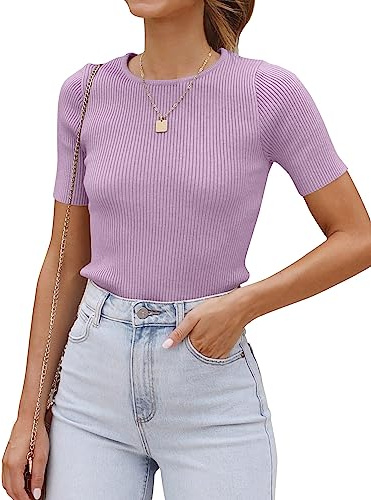Cuptacc Damen Tshirt Rundhals Gestreifte Basic Oberteile Tee Tops Elegante Lila,Mittel M 38-40