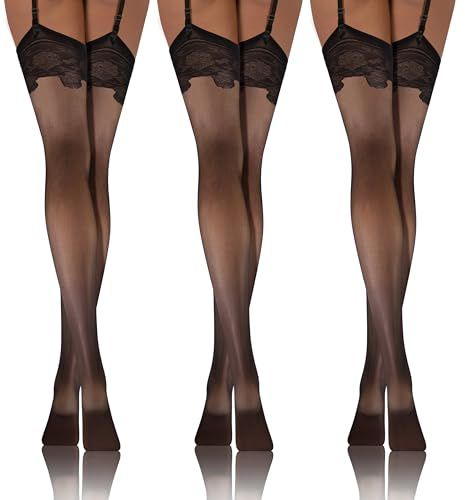 sesto senso 3 Pack Spitze Strapsstrümpfe 20 Den Muster Strumpfhose mit Strumpfhalter Strapse Strümpfe zum Anstrapsen Pattern 5/6 XL/XXL Schwarz