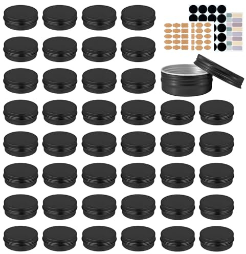 YQ 60 Pack 2oz Tins with Lids, Salve Tins Round Aluminum Tin with Lids, 2 oz Metal Tin Cans with Lid and Label, Refillable Black Containers for Balm,Beads,Weeds,Seeds,Salve,Spices and Homemade Candles