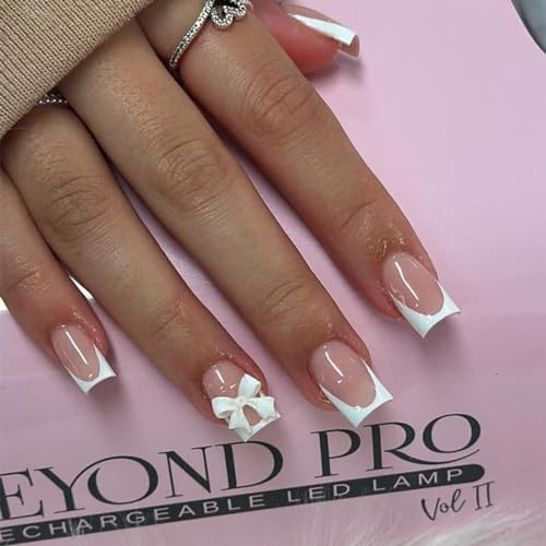 Danshinbow 24 Stück French White Bow Fake Nails Pink Nude Falsche Nägel Drücken Sie auf Nägel für Frauen und Mädchen