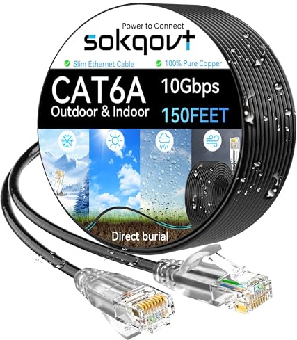 Cat6a Ethernet Cable Slim 150ft Outdoor&Indoor, 28AWG Pure Copper Cat6 Internet Cable for Waterproof & Direct Burial, Flexible Cat6 Ethernet Cable 10G 550MHZ, Cat 6 Network cable for Indoor Black