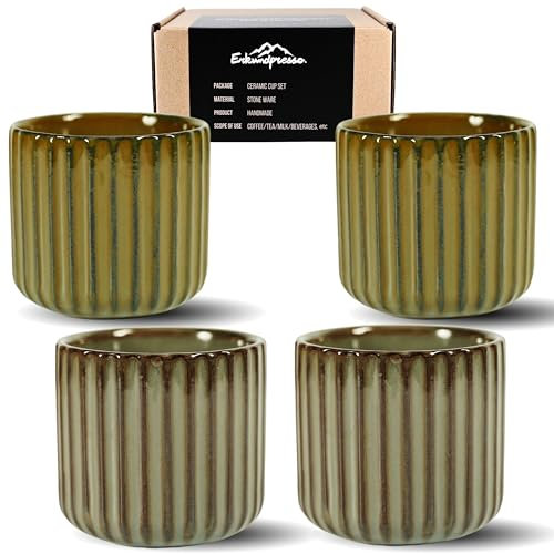 Erkundpresso. Lot de 4 Tasses à Expresso 180ml Sans Anse, Céramique Artisanale, Tazas de té japonesas, Épaisse Paroi, Lave-vaisselle & micro-onde, Coffret Cadeau - Vert + Bronze
