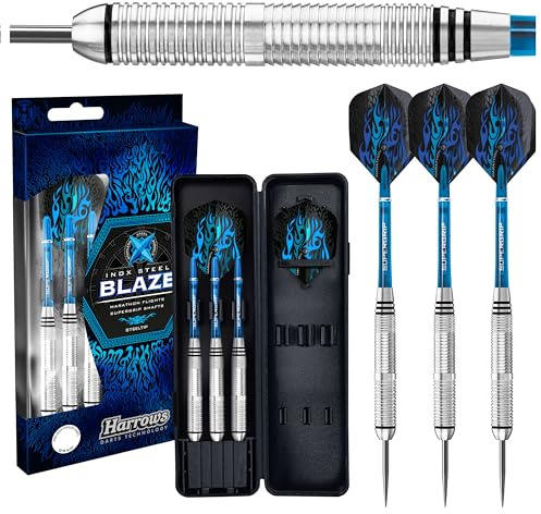 Harrows Blaze INOX Dartpfeile mit Stahlspitze, 21 g, 22 g, 23 g und 24 g, inklusive Supergrip-Schäften und 100 Mikron Marathon-Flights (21 Grams)