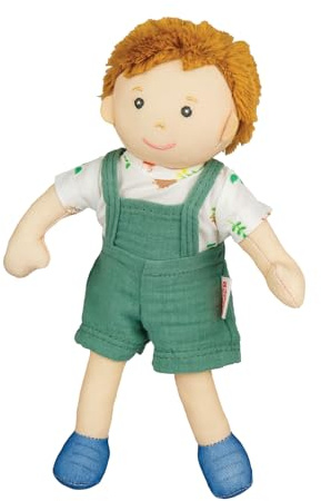 Heless 508 - Poupée en Tissu garçon Fred avec Salopette Verte et Chemise à Enfiler et à enlever, poupée Molle d'env. 22 cm pour câliner, Jouer et Aimer