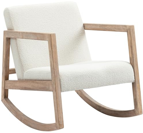 HOMCOM Sedia a Dondolo Minimal con Cuscini per Seduta e Schienale, Sedia per Soggiorno in Legno di Caucciù, Pile e Schiuma, 60x81x71 cm, Bianco Crema