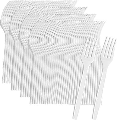Generisk 100 White Plastic Forks Strong Heavy Duty White Plastic Forks, Reusable and Washable Forks Perfect for Parties, Tableware and Dinnerware,Reusable Forks