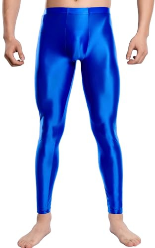 AIEOE Herrleggings glänsande skinny sportleggings lätta genomskinliga strumpbyxor tajta löparbyxor mjuka underbyxor tights stretch, blå, XL