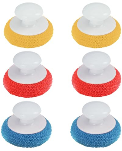 LOLA Plastic Mesh Non-Scratch Scouring Pad, 6 Pack, Hand Saving Comfort Knob, Red, Blue or Yellow It's Random, Clean Pots, Pans, Sinks
