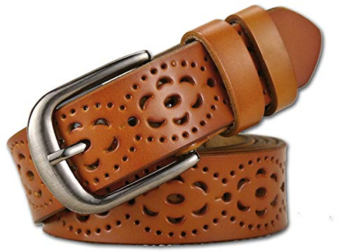 lalafancy Damen Leder Gürtel Echtes Rindsleder Ledergürtel Mode Hohle Blume Design Damengürtel mit Legierung Schnalle für Jeans (Braun)