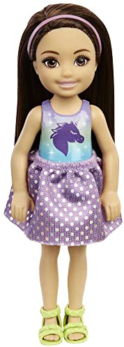 Barbie Mattel - Chelsea Friend Doll, Wearing Unicorn and Star Pattern Shirt, Polka Dot Skirt and Yellow Sandles